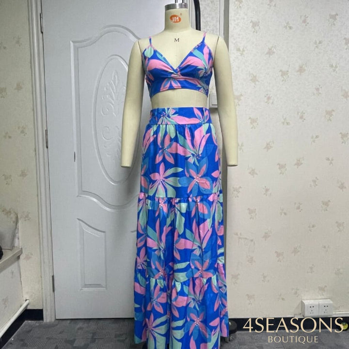Wefads Two Piece Sets Sleeveless Printed Skirt Two-Piece Sexy Tops Elegant Long Dress Beach Suit
