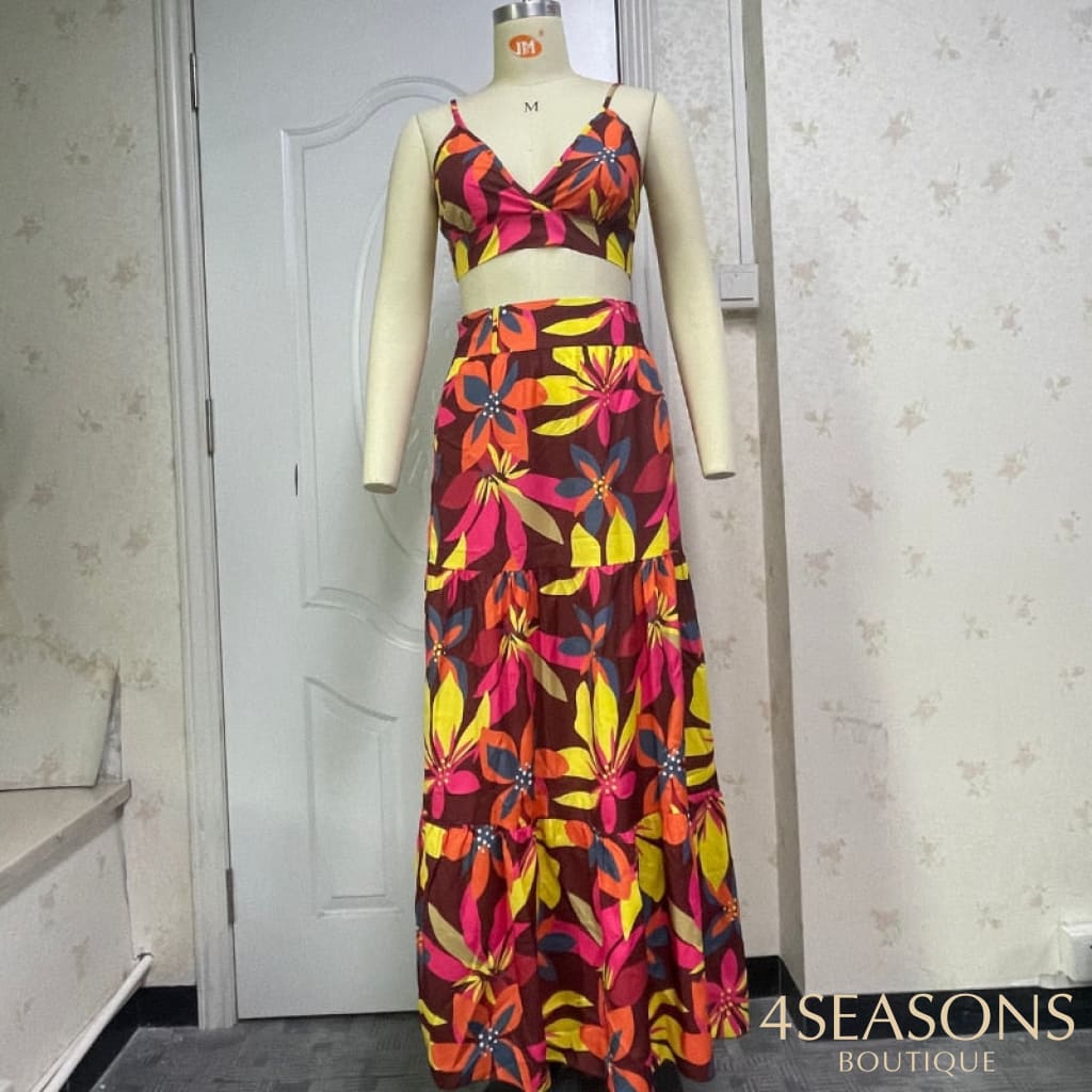 Wefads Two Piece Sets Sleeveless Printed Skirt Two-Piece Sexy Tops Elegant Long Dress Beach Suit