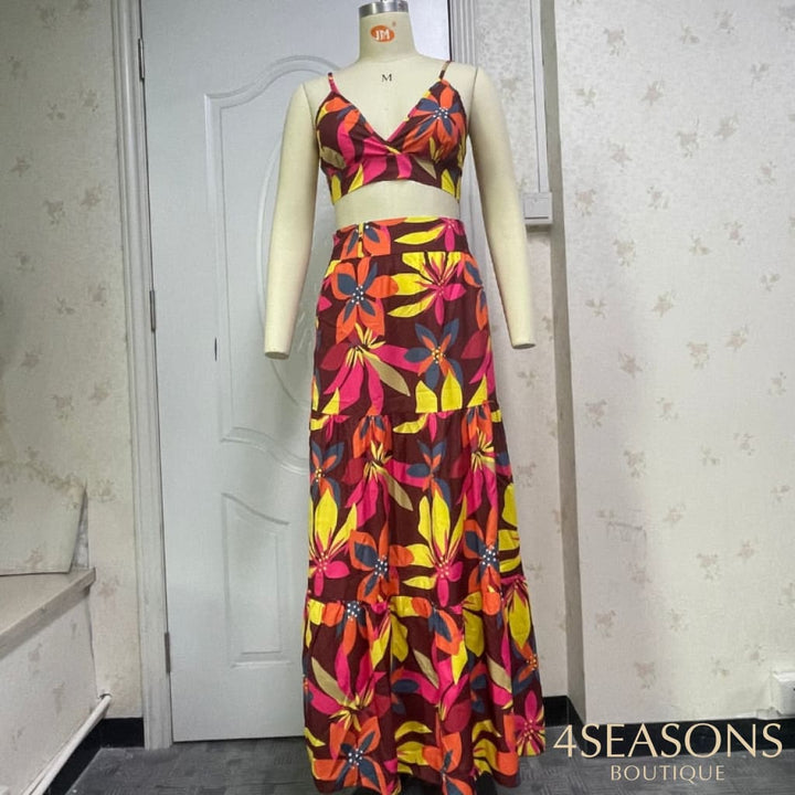 Wefads Two Piece Sets Sleeveless Printed Skirt Two-Piece Sexy Tops Elegant Long Dress Beach Suit