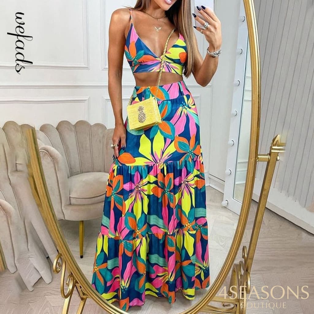 Wefads Two Piece Sets Sleeveless Printed Skirt Two-Piece Sexy Tops Elegant Long Dress Beach Suit