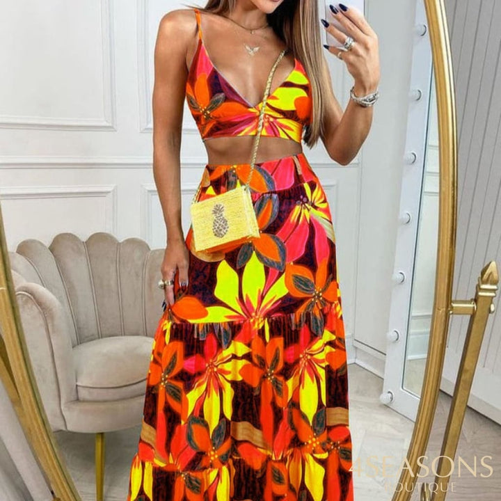 Wefads Two Piece Sets Sleeveless Printed Skirt Two-Piece Sexy Tops Elegant Long Dress Beach Suit