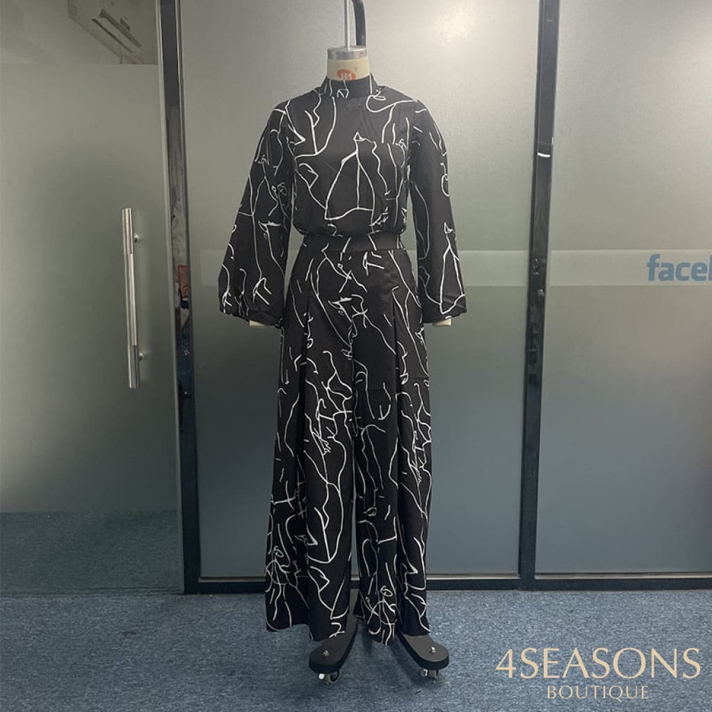Wefads Women Jumpsuit Autumn Elegant Casual Long Sleeve Art Print Tie Nipped Waist Loose Wide Legs