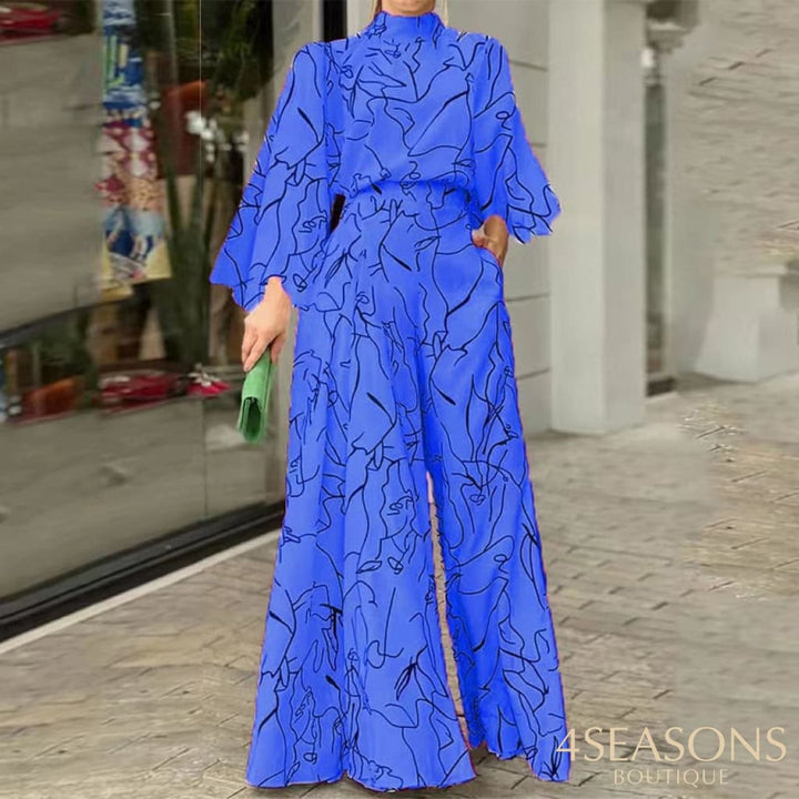 Wefads Women Jumpsuit Autumn Elegant Casual Long Sleeve Art Print Tie Nipped Waist Loose Wide Legs