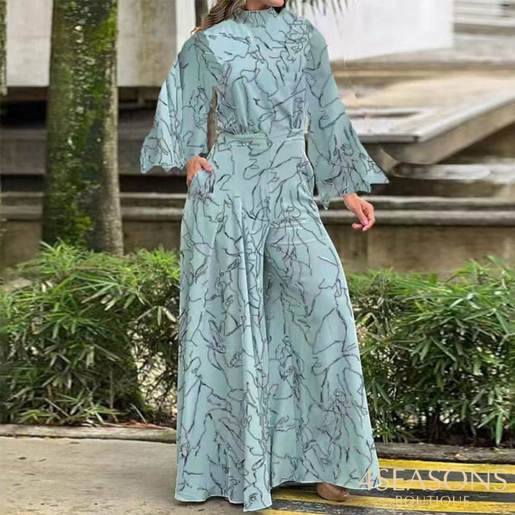 Wefads Women Jumpsuit Autumn Elegant Casual Long Sleeve Art Print Tie Nipped Waist Loose Wide Legs