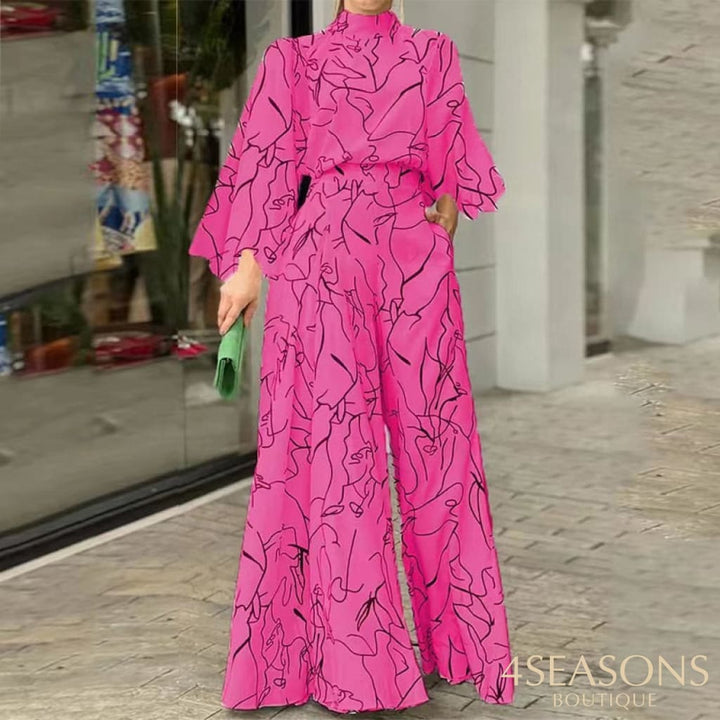 Wefads Women Jumpsuit Autumn Elegant Casual Long Sleeve Art Print Tie Nipped Waist Loose Wide Legs