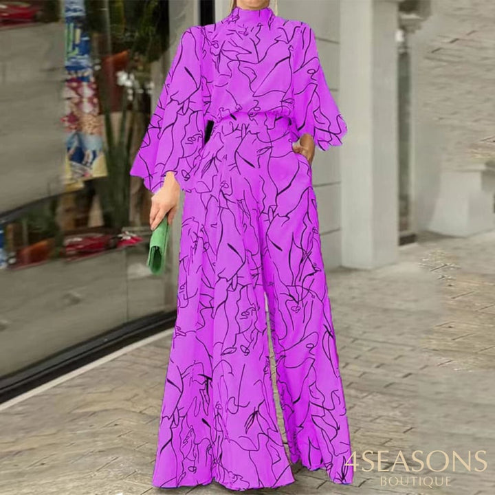 Wefads Women Jumpsuit Autumn Elegant Casual Long Sleeve Art Print Tie Nipped Waist Loose Wide Legs