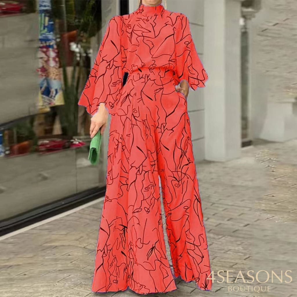 Wefads Women Jumpsuit Autumn Elegant Casual Long Sleeve Art Print Tie Nipped Waist Loose Wide Legs