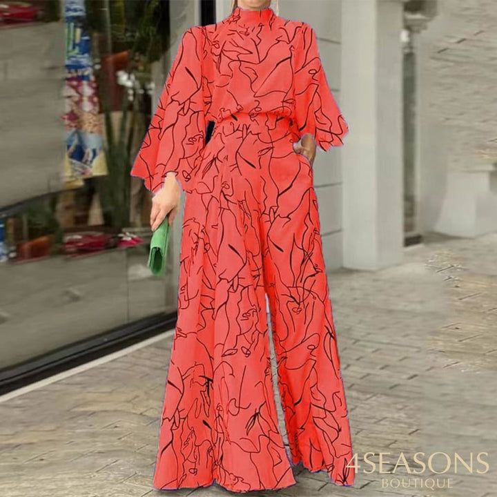 Wefads Women Jumpsuit Autumn Elegant Casual Long Sleeve Art Print Tie Nipped Waist Loose Wide Legs