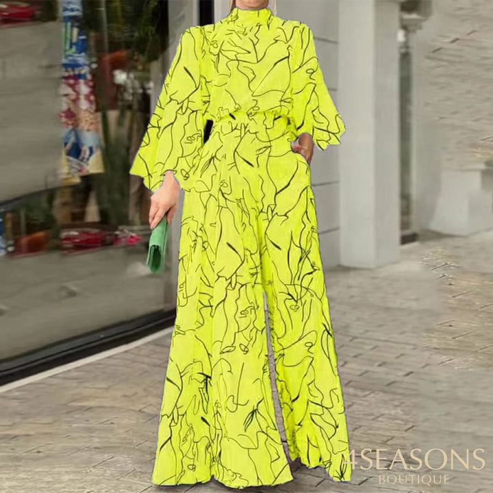Wefads Women Jumpsuit Autumn Elegant Casual Long Sleeve Art Print Tie Nipped Waist Loose Wide Legs
