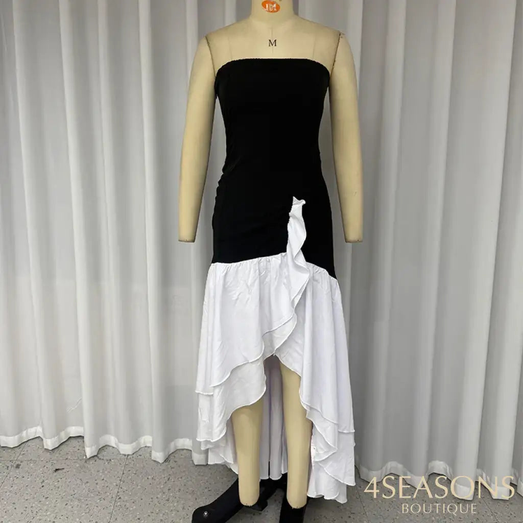 Wefads Women Long Dress Fashion Sleeveless Contrast Color Tube Backless Irregular Nipped Waist Slit Ruffled Mermaid
