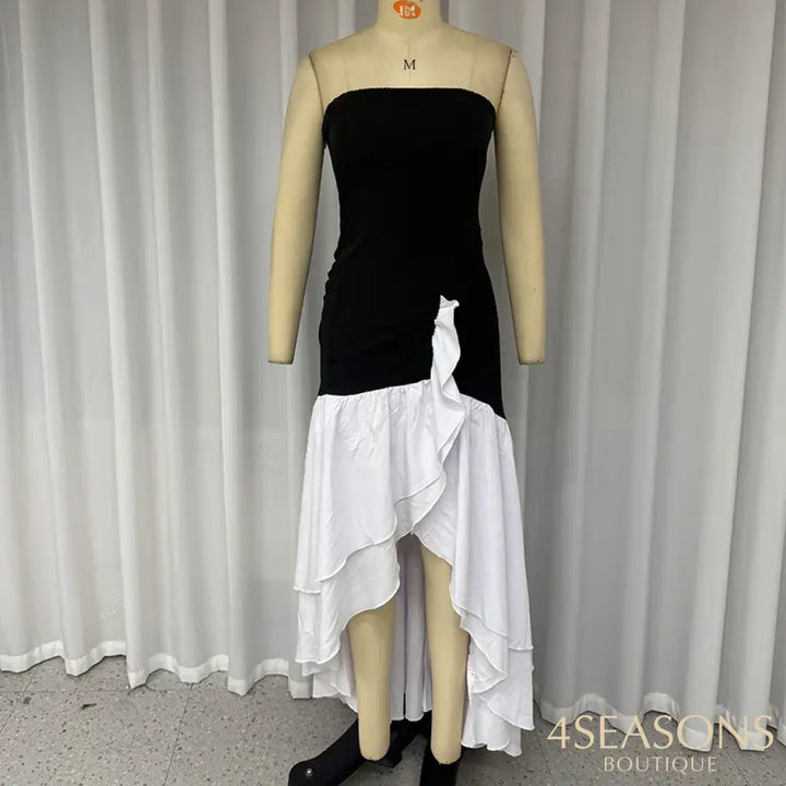 Wefads Women Long Dress Fashion Sleeveless Contrast Color Tube Backless Irregular Nipped Waist Slit Ruffled Mermaid