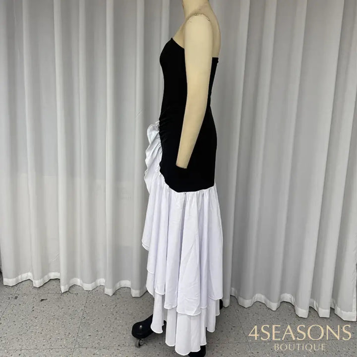Wefads Women Long Dress Fashion Sleeveless Contrast Color Tube Backless Irregular Nipped Waist Slit Ruffled Mermaid