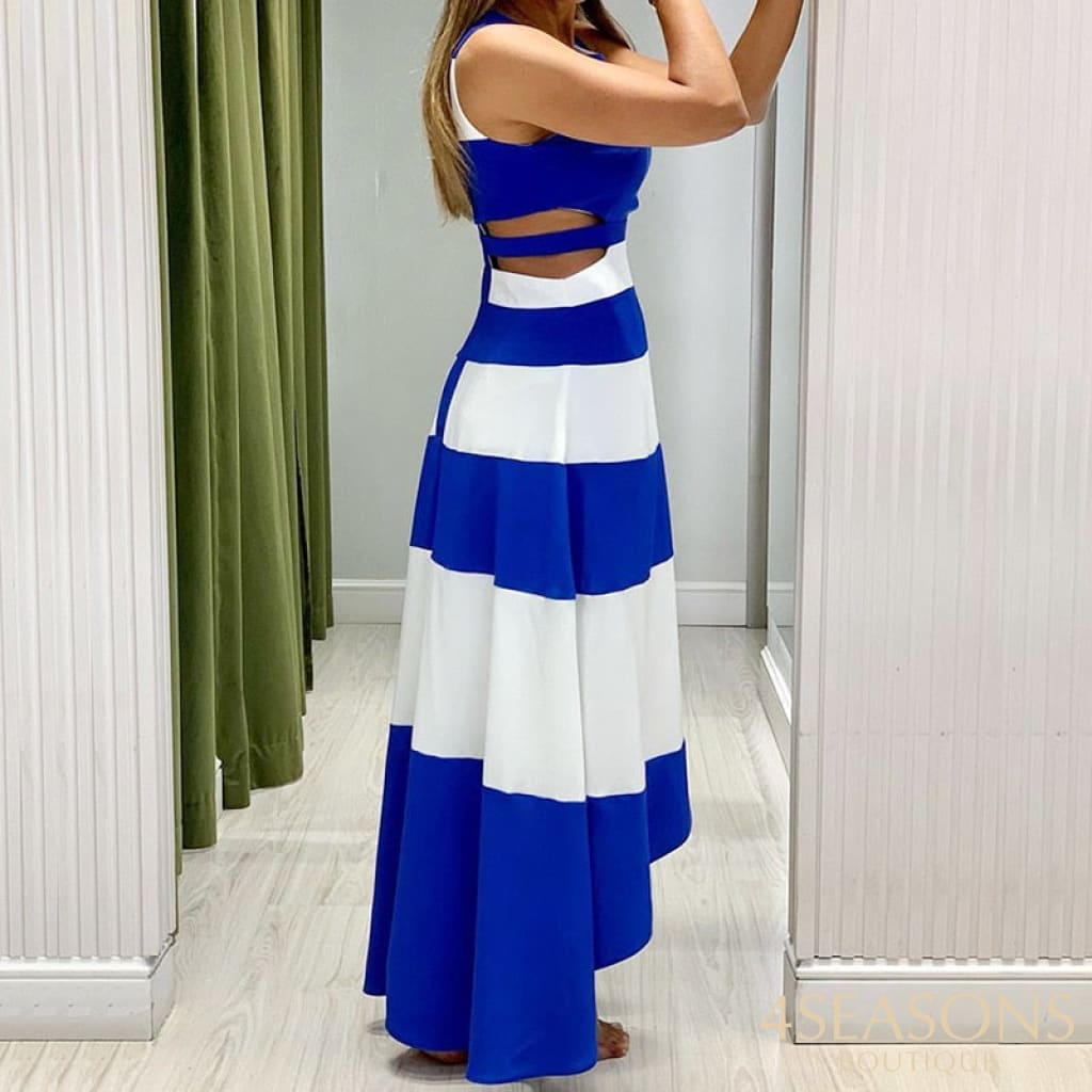 Wefads Women Summer Midi Dress Colorblock Print Crew Neck Sleeveless Cutout High Streetwear Long