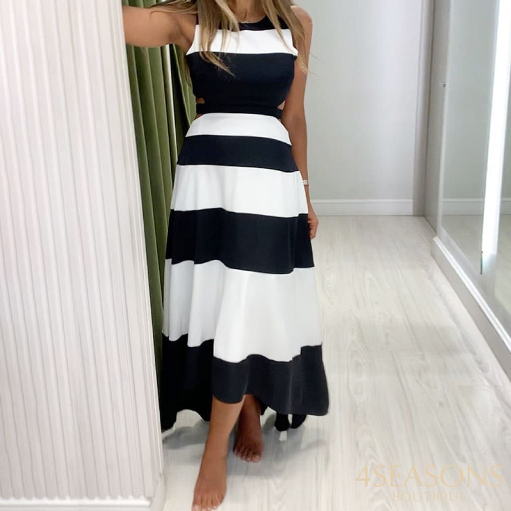 Wefads Women Summer Midi Dress Colorblock Print Crew Neck Sleeveless Cutout High Streetwear Long