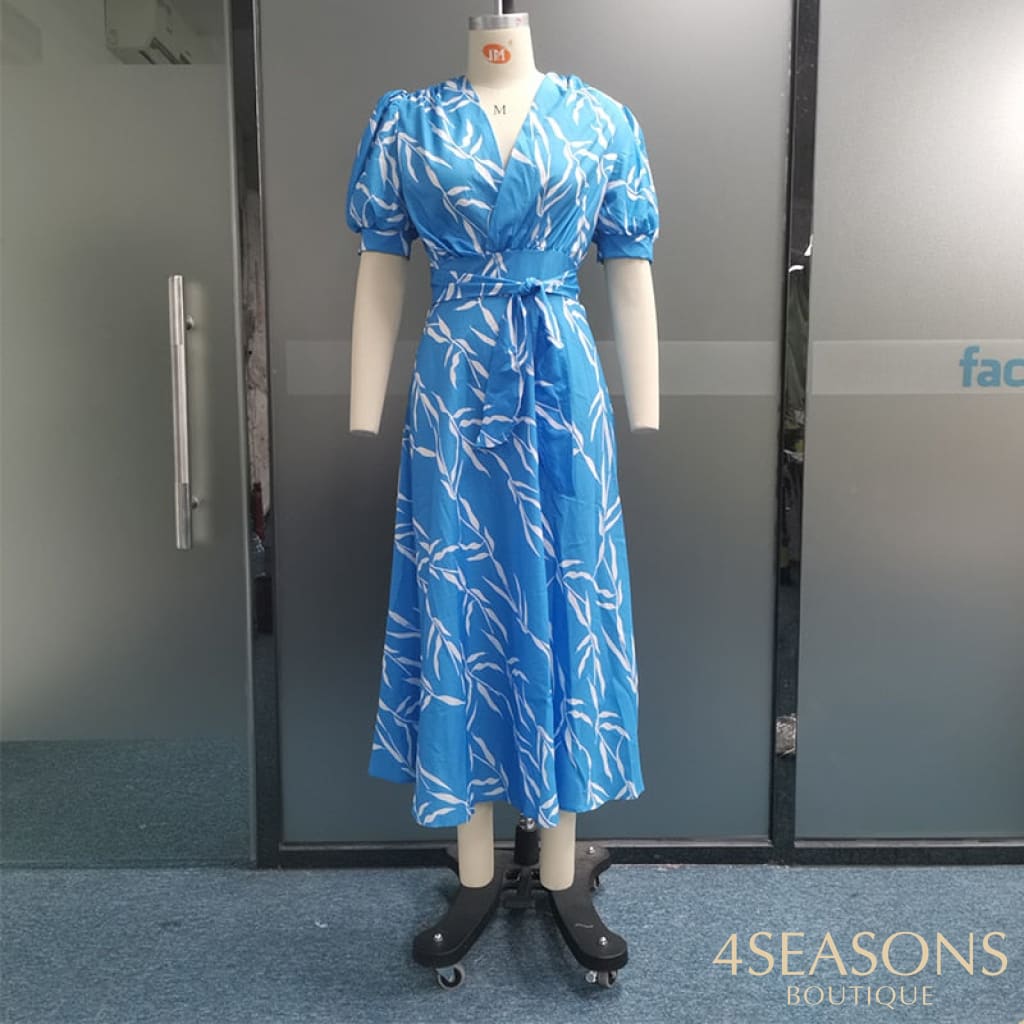 Wefads Women Summer Midi Dress Leaf Print Puff Short Sleeve Tie V Neck Design Casual Style Long