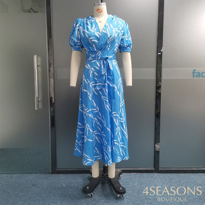Wefads Women Summer Midi Dress Leaf Print Puff Short Sleeve Tie V Neck Design Casual Style Long