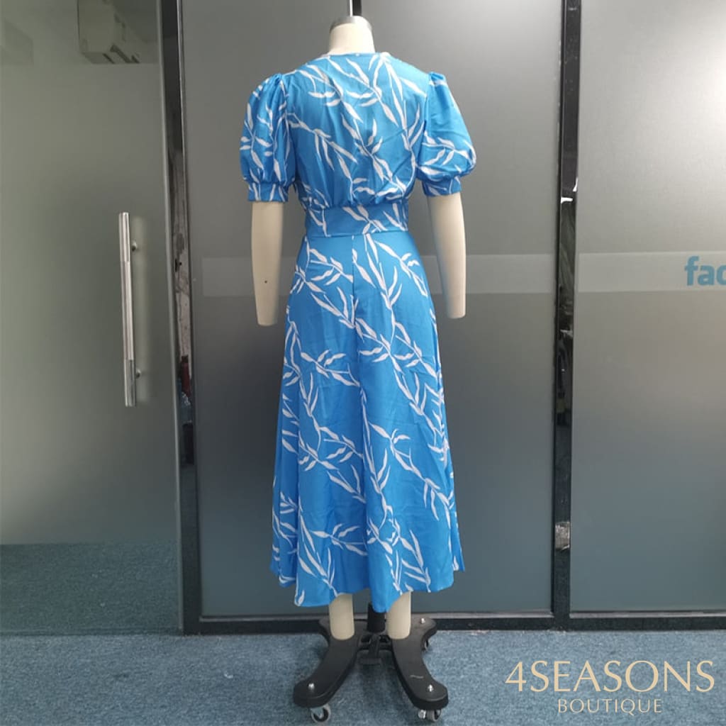 Wefads Women Summer Midi Dress Leaf Print Puff Short Sleeve Tie V Neck Design Casual Style Long