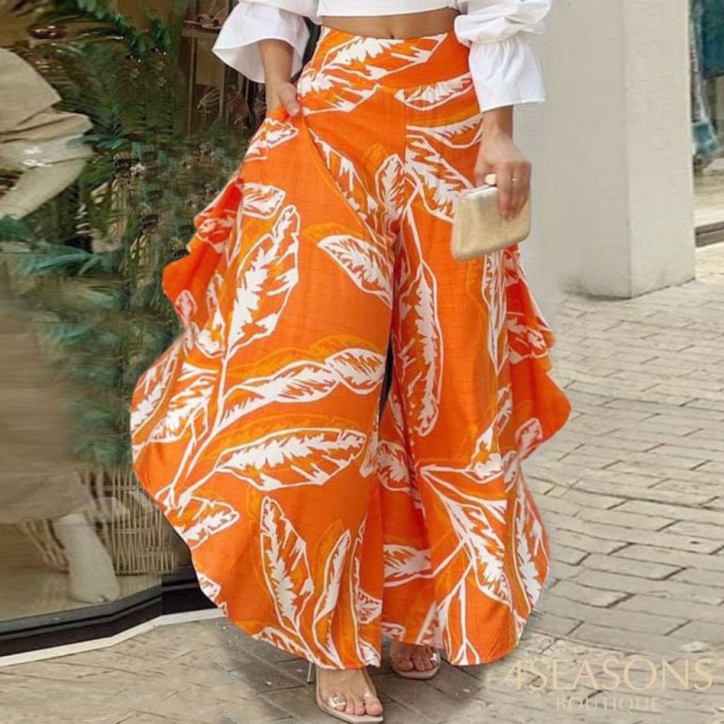 Wefads Women Summer Two Piece Sets One Shoulder Solid Half Sleeve Top Printed Loose Wide Legs Casual
