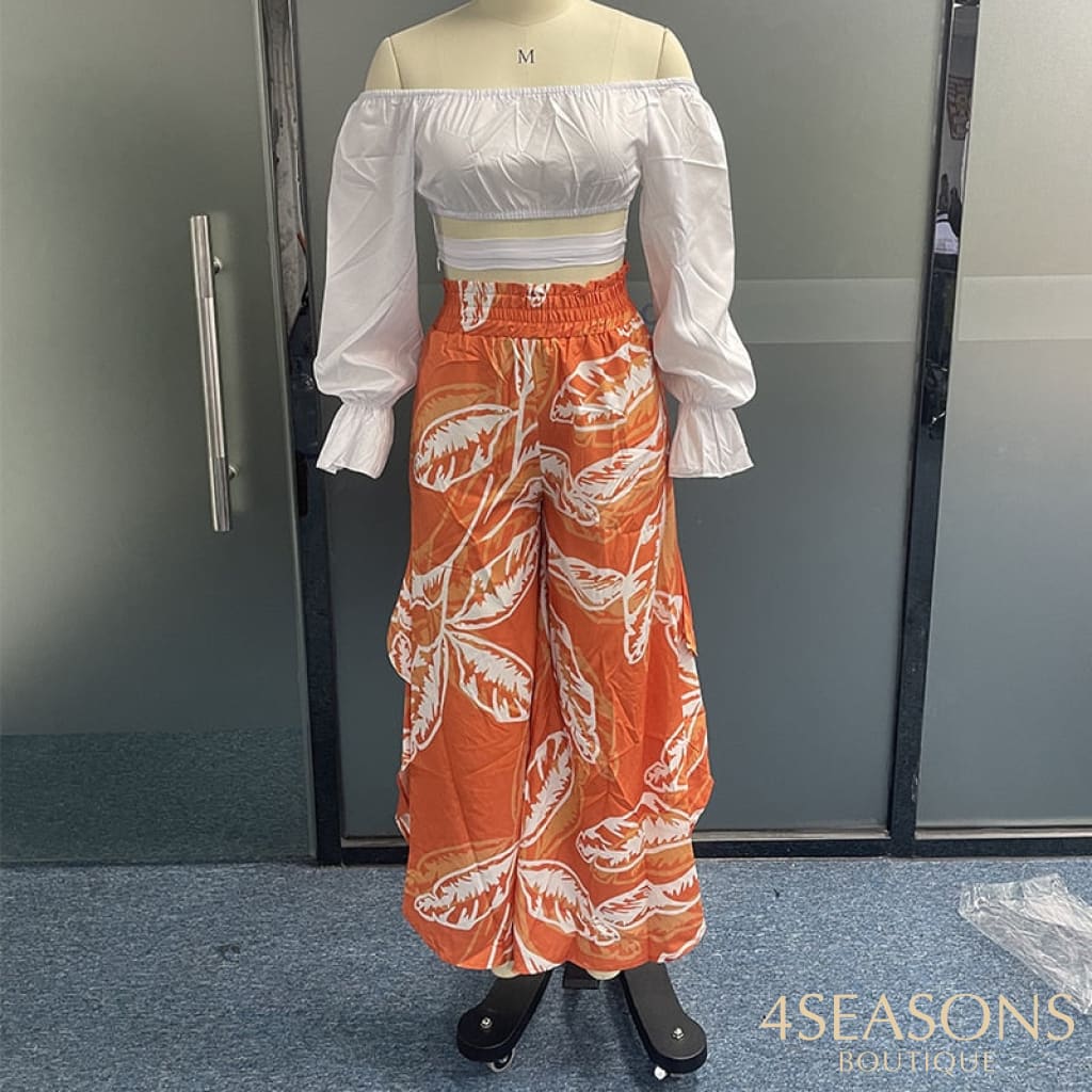 Wefads Women Summer Two Piece Sets One Shoulder Solid Half Sleeve Top Printed Loose Wide Legs Casual
