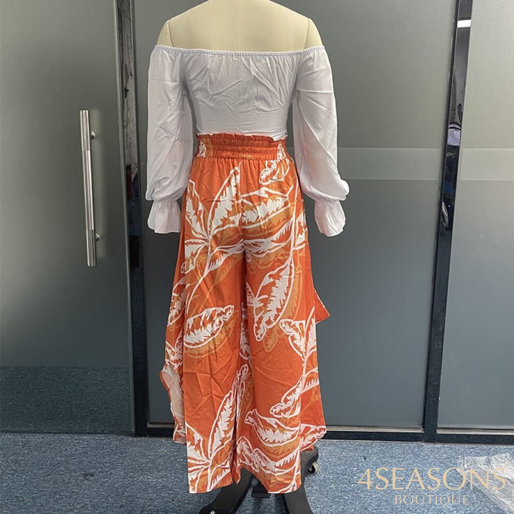 Wefads Women Summer Two Piece Sets One Shoulder Solid Half Sleeve Top Printed Loose Wide Legs Casual