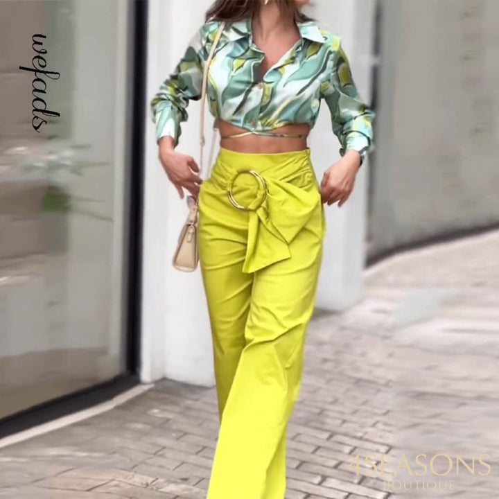Wefads Women Two Piece Set Autumn Casual Fashion Art Print Lapel Long Sleeve Nipped Waist Loose