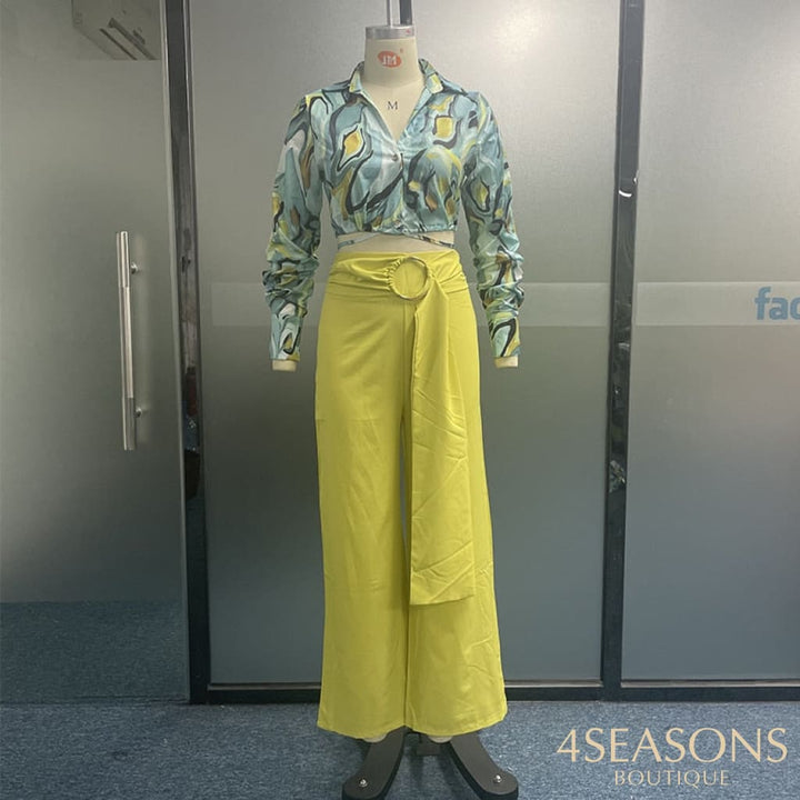 Wefads Women Two Piece Set Autumn Casual Fashion Art Print Lapel Long Sleeve Nipped Waist Loose
