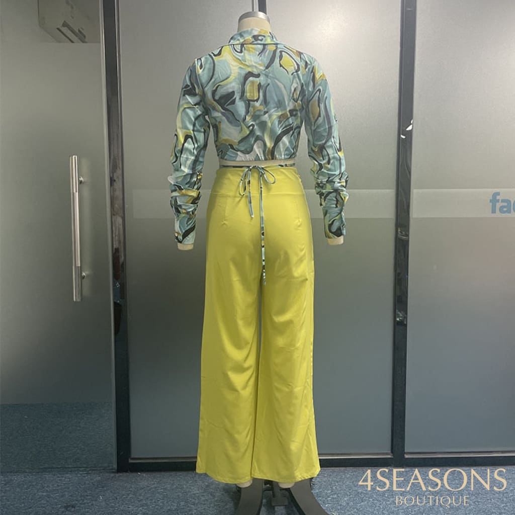 Wefads Women Two Piece Set Autumn Casual Fashion Art Print Lapel Long Sleeve Nipped Waist Loose