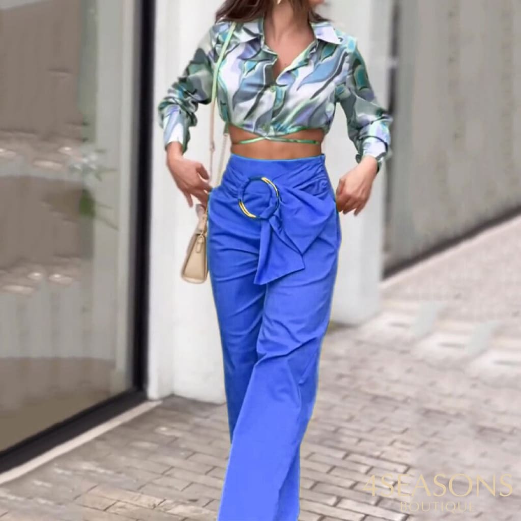 Wefads Women Two Piece Set Autumn Casual Fashion Art Print Lapel Long Sleeve Nipped Waist Loose