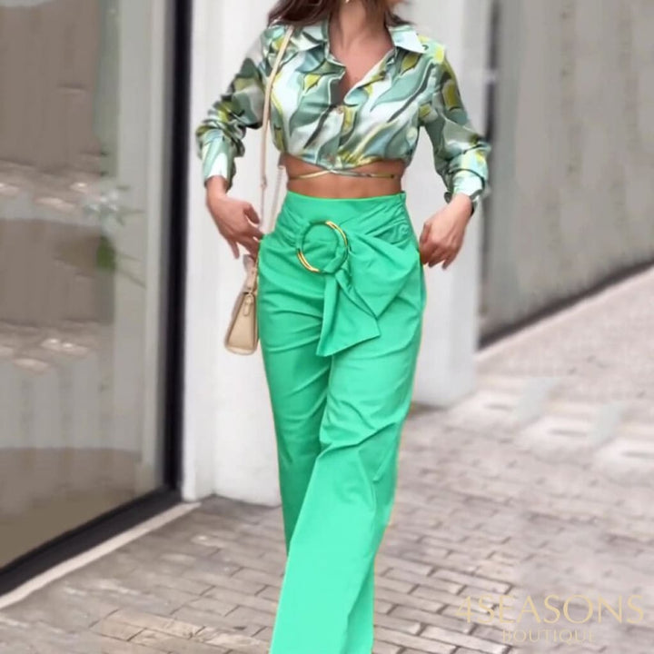 Wefads Women Two Piece Set Autumn Casual Fashion Art Print Lapel Long Sleeve Nipped Waist Loose