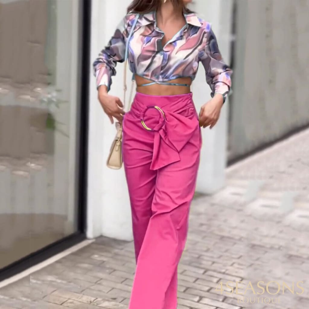 Wefads Women Two Piece Set Autumn Casual Fashion Art Print Lapel Long Sleeve Nipped Waist Loose