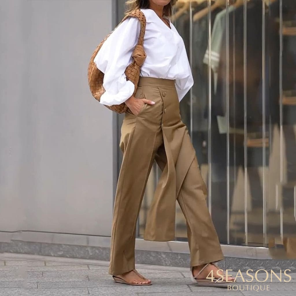 Wefads Women Two Piece Set Casual Fashion Solid Long Puff Sleeve V Neck Single Row Button Loose