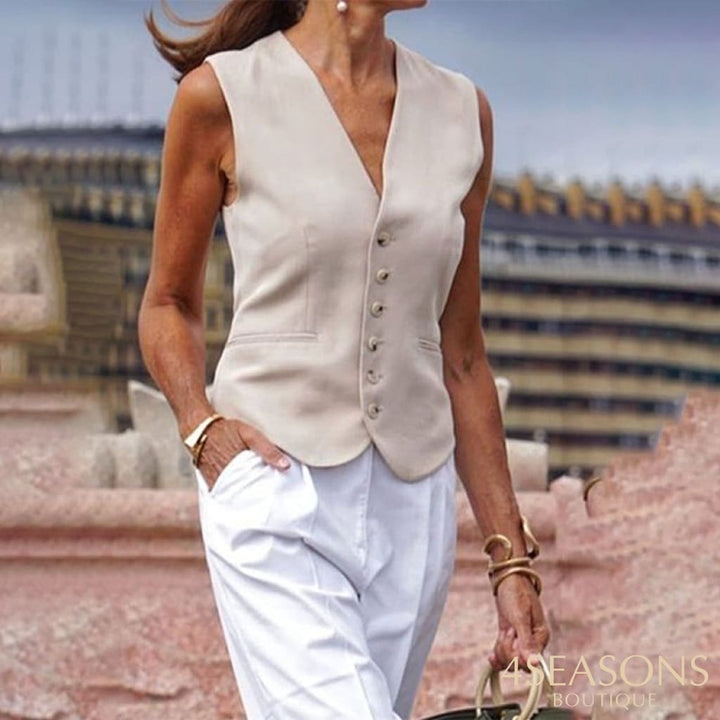 Wefads Women Two Piece Set Casual Solid V Neck Sleeveless Single Raw Button Top Loose Long Trousers