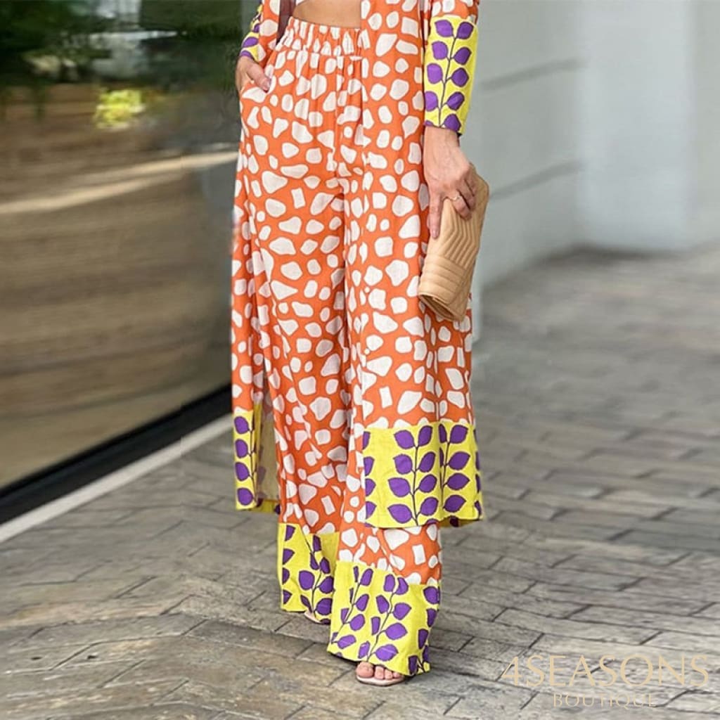 Wefads Women Two Piece Set Fashion Casual Long Sleeve Lapel Print Shirt Top Loose Wide Legs Trousers