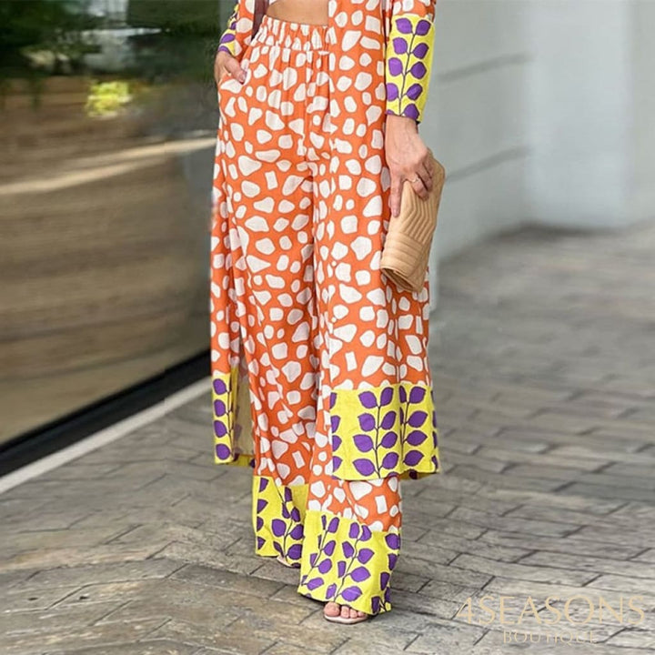 Wefads Women Two Piece Set Fashion Casual Long Sleeve Lapel Print Shirt Top Loose Wide Legs Trousers