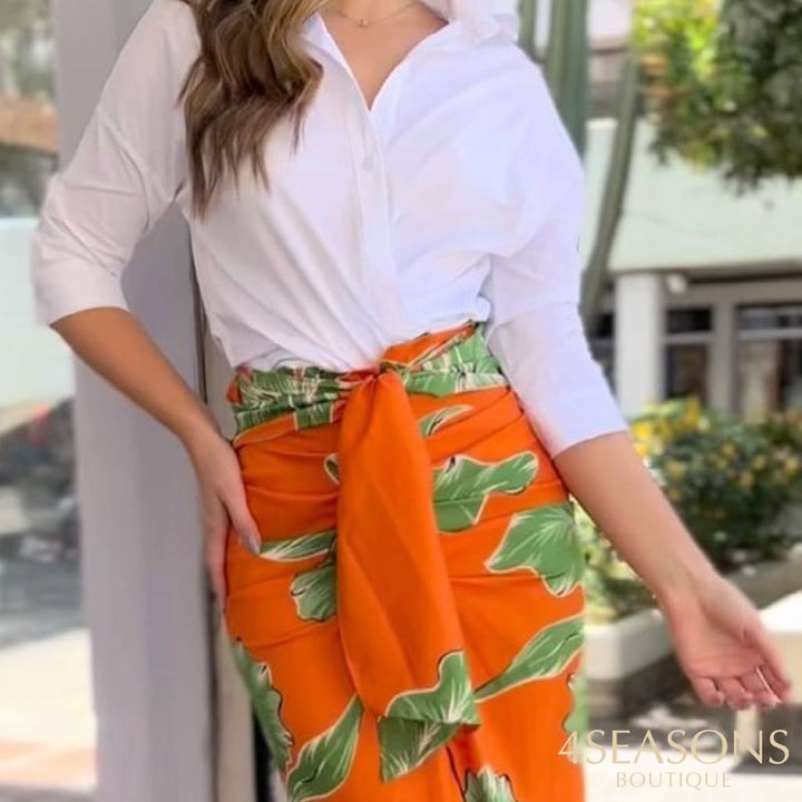 Wefads Women Two Piece Set Fashion Casual Solid Long Sleeve Lapel Top Lace-Up Floral Print Slit