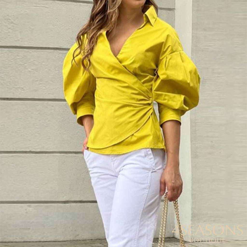 Wefads Women Two Piece Set Fashion Elegant Solid V Neck Lapel Puff Sleeve Nipped Waist Loose Long