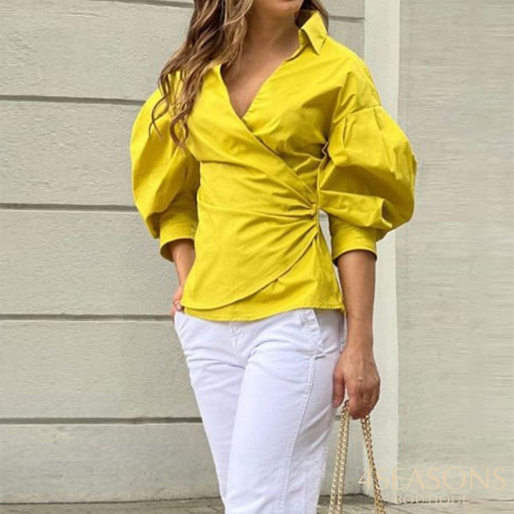 Wefads Women Two Piece Set Fashion Elegant Solid V Neck Lapel Puff Sleeve Nipped Waist Loose Long