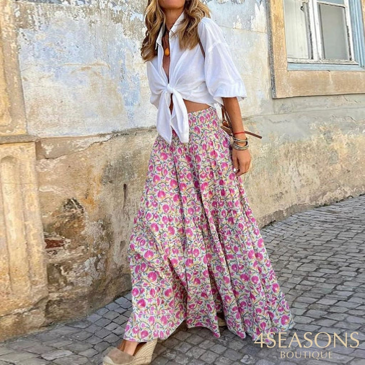 Wefads Women Two Piece Set Fashion Solid Lapel Long Sleeve Lace Up Shirt Top Print Loose Skirt Sets