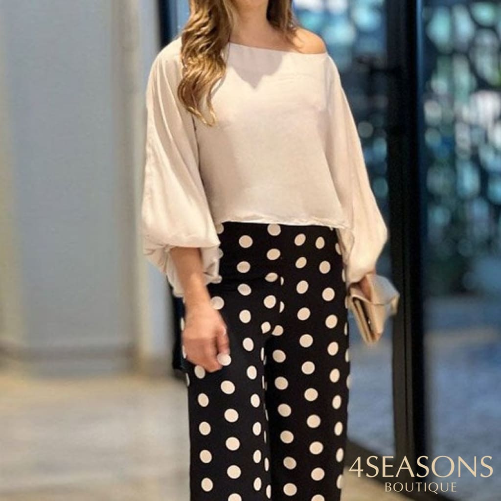 Wefads Women Two Piece Set Fashion Solid One Shoulder Long Flare Sleeve Top Polka Dots Print Casual