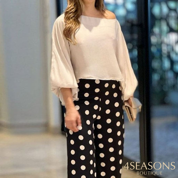 Wefads Women Two Piece Set Fashion Solid One Shoulder Long Flare Sleeve Top Polka Dots Print Casual