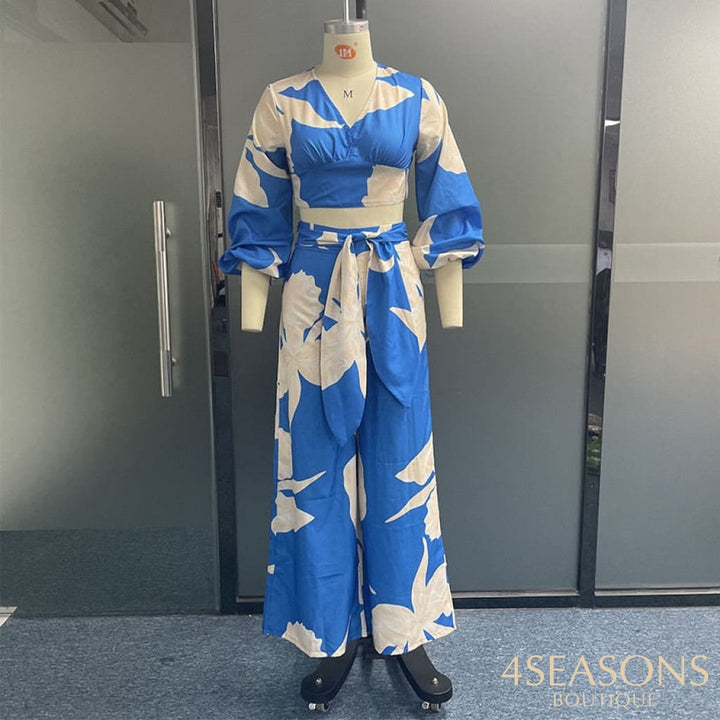 Wefads Women Two Piece Set Fashion V Neck Long Lantern Sleeve Print Loose Wide Legs Pants With