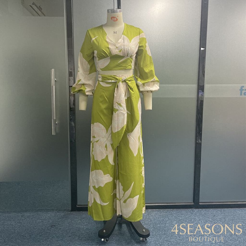 Wefads Women Two Piece Set Fashion V Neck Long Lantern Sleeve Print Loose Wide Legs Pants With