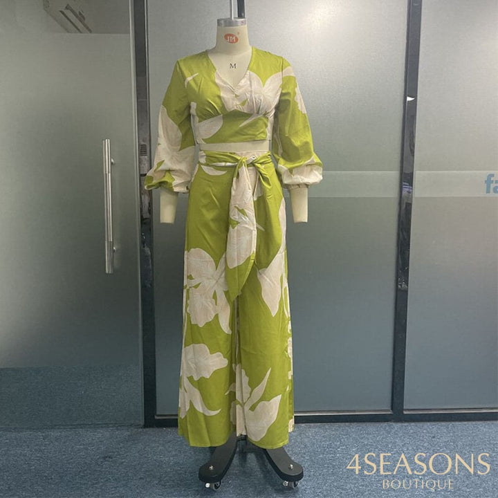 Wefads Women Two Piece Set Fashion V Neck Long Lantern Sleeve Print Loose Wide Legs Pants With