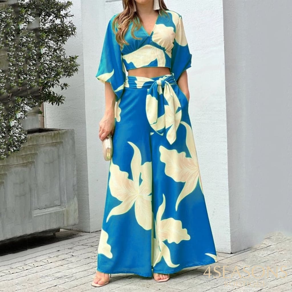 Wefads Women Two Piece Set Fashion V Neck Long Lantern Sleeve Print Loose Wide Legs Pants With