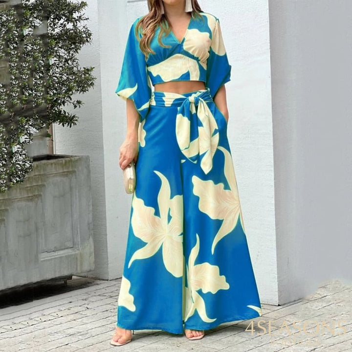 Wefads Women Two Piece Set Fashion V Neck Long Lantern Sleeve Print Loose Wide Legs Pants With