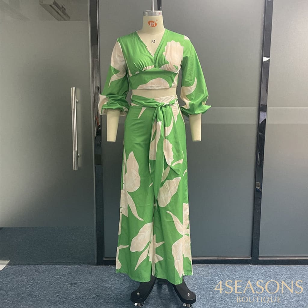 Wefads Women Two Piece Set Fashion V Neck Long Lantern Sleeve Print Loose Wide Legs Pants With