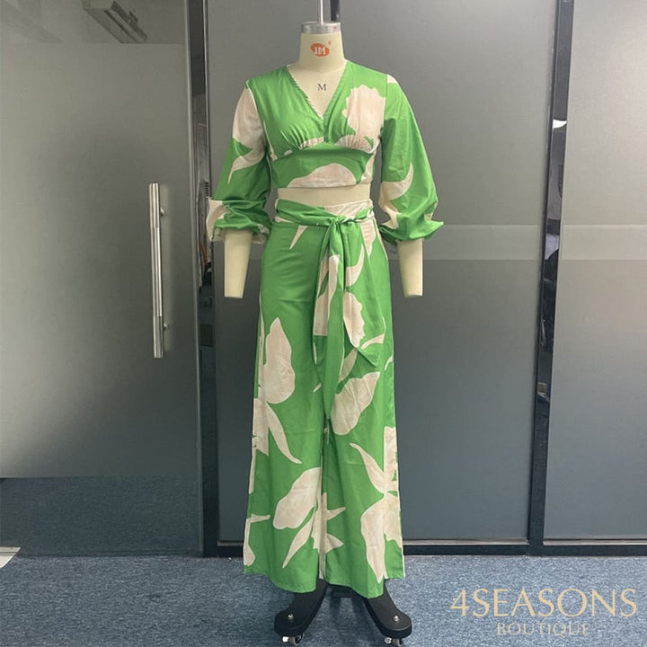 Wefads Women Two Piece Set Fashion V Neck Long Lantern Sleeve Print Loose Wide Legs Pants With