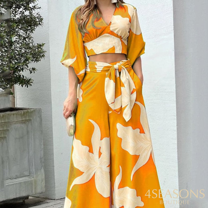 Wefads Women Two Piece Set Fashion V Neck Long Lantern Sleeve Print Loose Wide Legs Pants With