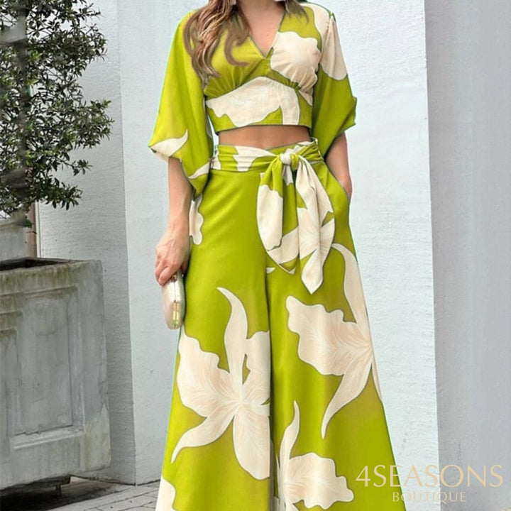Wefads Women Two Piece Set Fashion V Neck Long Lantern Sleeve Print Loose Wide Legs Pants With