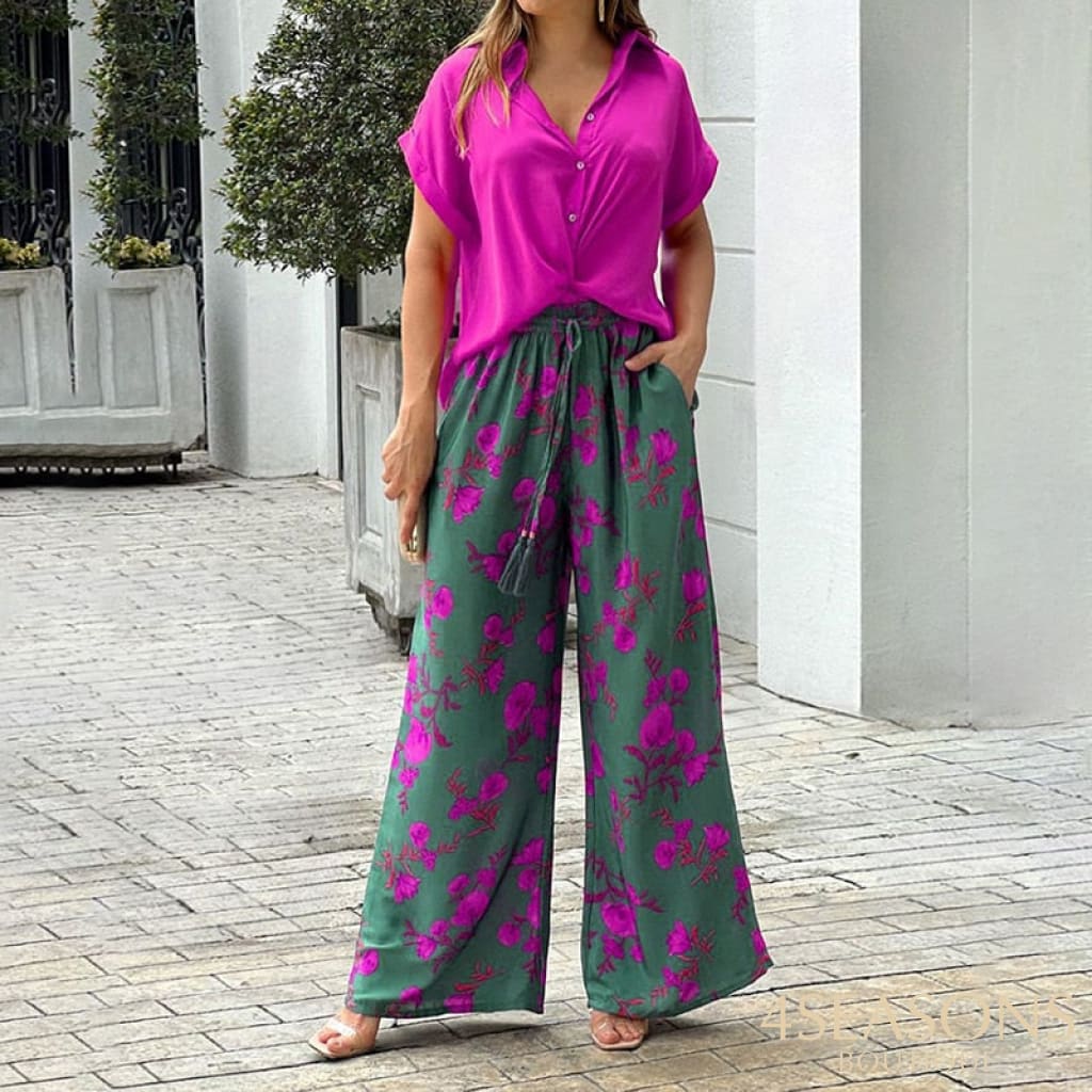 Wefads Women Two Piece Set Solid Color Short Sleeve Button Top Drawstring Print Wide Leg Pants High